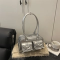Silver metallic leather shoulder bag with bow details and square pockets in Y2K style - Silver