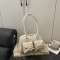 Chic beige patent leather shoulder bag with cute bow pockets in balletcore style - White