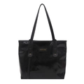 Bolso tote negro brillante con texto dorado Fashion & Bags y correas en fondo blanco - Negro