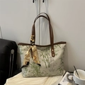 Schicke beige Segeltuch-Einkaufstasche mit grünem Bambusblattdruck und Seidenschal-Griff - Grün