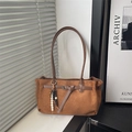 Brown faux suede tote bag with ethnic bead charm and shoulder strap for women - With Pendant / Brown