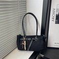 Large black suede tote bag with decorative leather straps and a beaded charm pendant - With Pendant / Black