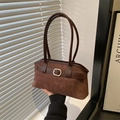 Vintage brown suede shoulder bag with gold square buckle and dual long handles - Brown