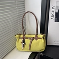 Yellow suede tote bag with brown leather handles and decorative ethnic bead charm - With Pendant / Green