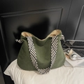 Dark green corduroy tote bag with black and white woven rope shoulder strap for women - Green