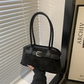 Retro black matte underarm bag with gold buckle and long shoulder straps for women - Black