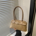 Retro khaki suede shoulder bag with long handles and golden ring buckle in minimalist style - Khaki