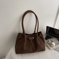 Vintage brown suede tote bag with long shoulder straps and silver metal buckle accent - Coffee