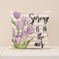Spring linen pillowcase with purple tulips and 'Spring is in the air' text - Purple Tulip Horizontal Stripes Style (SP055-5)