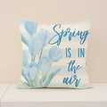 Square linen pillow cover with blue stripes, tulips, and Spring is in the air text - Blue Tulip Horizontal Stripes Style (SP055-9)