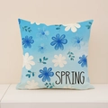 Linen spring pillow cover with blue daisy floral print and Spring text design - Blue Daisy SPRING Style (SP055-11)