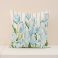 Linen pillow cover with blue tulip oil painting and light blue vertical stripes - Blue Tulip Vertical Stripes Style (SP055-12)