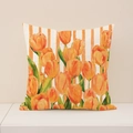 Linen cushion cover with orange tulip oil painting print and striped texture - Orange Tulip Vertical Stripes Style (SP055-16)