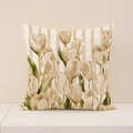 Linen cushion cover with yellow tulip print and vertical stripes for home decor - Cream Yellow Tulip Vertical Stripes Style (SP055-20)