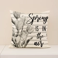 Linen cushion cover with tulip pattern and Spring IS IN the air text in off-white - Off-White Horizontal Stripes Tulip Style (SP055-25)
