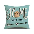 Square light blue linen pillowcase with Home Sweet Home birdhouse print design - HOME SWEET HOME Pale Blue Style (YMS88-8)