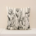 Square linen pillowcase with black and white tulip floral print and grey stripes - Gray Vertical Stripes Tulip Style (SP055-28)