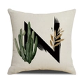 Linen cushion cover with letter N and green cactus prints for sofa decor - 45*45cm (Cover Only) / Letter N (SXYM4-14)