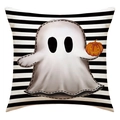 Funda de cojín de lino para Halloween con rayas blancas y negras, fantasma y calabaza - Estilo Fantasma Con Calabaza Rayas Blanco Negro (23YM103-1) / 45x45cm(Solo Funda)