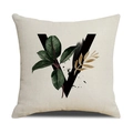 Linen pillow cover featuring a black letter V with green rubber leaves and gold feathers - 45*45cm (Cover Only) / Letter V (SXYM4-22)