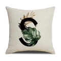 Linen pillowcase with letter S and green monstera leaf pattern on beige fabric - 45*45cm (Cover Only) / Letter S (SXYM4-19)