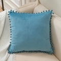 Solid lake blue velvet cushion cover with matching pom-pom edges for home decor - Sky Blue