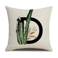 Minimalist beige linen cushion cover featuring letter D with cactus and gold leaf print - 45*45cm (Cover Only) / Letter D (SXYM4-4)