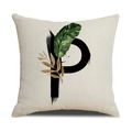 Linen pillow cover featuring a black letter P design with tropical green leaf and gold stem - 45*45cm (Cover Only) / Letter P (SXYM4-16)