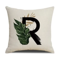 Linen cushion cover with letter R and tropical leaf print for sofa and office chairs - 45*45cm (Cover Only) / Letter R (SXYM4-18)