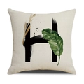 Linen square pillowcase with artistic letter H design featuring green leaves and golden feather - 45*45cm (Cover Only) / Letter H (SXYM4-8)