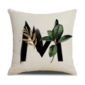 Linen pillowcase with letter M and green leaves pattern on beige fabric base - 45*45cm (Cover Only) / Letter M (SXYM4-13)