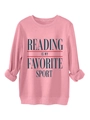 Detail of pink sweatshirt with Reading Is My Favorite Sport text and cuffed sleeves - Peach