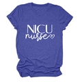 Detail view of the NICU nurse print and heart design on a purple cotton T-shirt - S / Retro Blue (White Font)