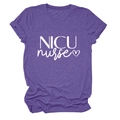 Detail of NICU nurse text and heart print on purple cotton blend round neck T-shirt - S / Purple (White Font)