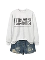 Flachbild-Detail eines grauen Sweatshirts mit Ultraschall-Druck und Denim-Shorts - Cremeweiß (Schwarze Schrift)