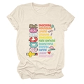 Detail van 'TEACHER' belettering en onderwijsiconen op crème t-shirt met ronde hals - S / Zandkleur