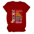 Dettaglio ravvicinato della t-shirt da insegnante rosso scuro con icone creative - Taglia S / Rosso