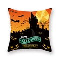 Halloween pumpkin cushion cover with castle and moon design on peach skin fabric - Castle Pumpkin Bilingual Text (21HW1-16)