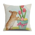 Linnen Pasen kussensloop met bruin konijn, roze tulpen en gebloemde eieren - Alleen hoes / Konijn en Tulpenpot Stijl (22YM44-1)