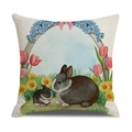 Pasen kussensloop met konijntjes en roze tulpen op een crème linnen stof - Alleen hoes / Volwassen Konijn en Babykonijn Stijl (22YM44-2)