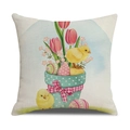 Paas kussensloop met handgeschilderde kuikens en roze tulpen op linnen textuur - Alleen hoes / Kuiken en Eierpot Stijl (22YM44-4)