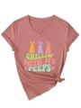 Brick red V-neck T-shirt with vintage bunny print and stylish knotted hem detail - Rose Gold