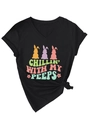 Close-up of black V-neck T-shirt featuring colorful Easter bunnies and Peeps graphic print - Black