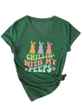 Detail of green V-neck T-shirt with vintage bunny print and side knot styling - Vintage Green