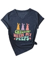 Detail of V-neck heather navy tee with rolled sleeves and Easter bunny print - Navy Blue
