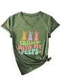 Detail of V-neck T-shirt in military green with 'Chillin' With My Peeps' bunny print - Olive Green