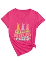 Detail of pink V-neck T-shirt showing rabbit print and side knot hem decoration - Rose Red