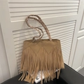 Sac fourre-tout bohème en daim camel avec de longues franges et des anses tressées - Kaki