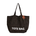 Minimalist large capacity leopard print canvas tote bag with white text and leather tag - Brown