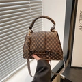 Vintage brown geometric printed tote bag with light gold hardware and adjustable strap - Round Coffee